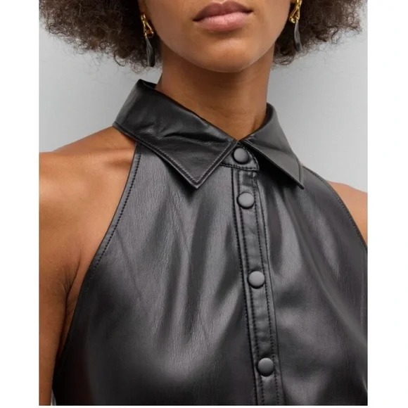 Alice + Olivia Miranda Vegan Leather Tiered Button Down Sleeveless Mini Dress - Picture 11 of 16